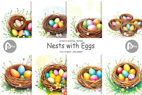 Digital Paper Nests with Eggs Digital Pattern artnoy 