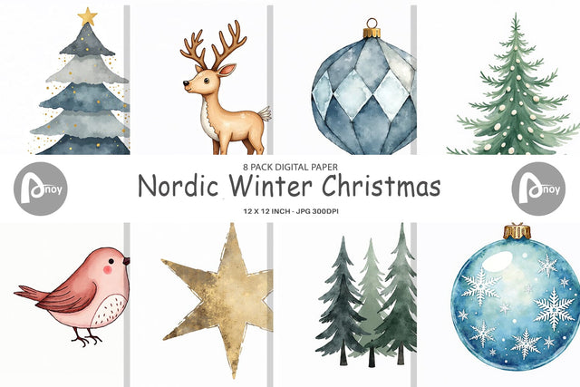 Digital Paper Nordic Winter Watercolor Christmas Digital Pattern artnoy 