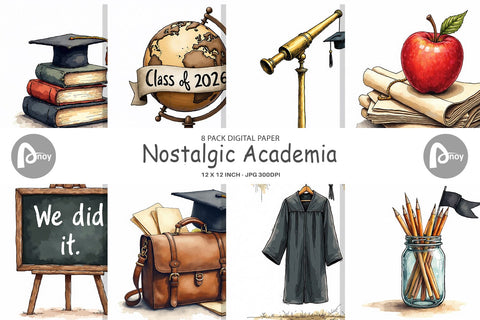 Digital Paper Nostalgic Academia Vintage School Supplies Digital Pattern artnoy 