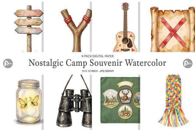 Digital Paper Nostalgic Camp Souvenir Watercolor Digital Pattern artnoy 