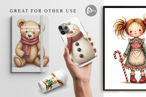 Digital Paper Nostalgic Christmas Plush Toys Watercolor Digital Pattern artnoy 