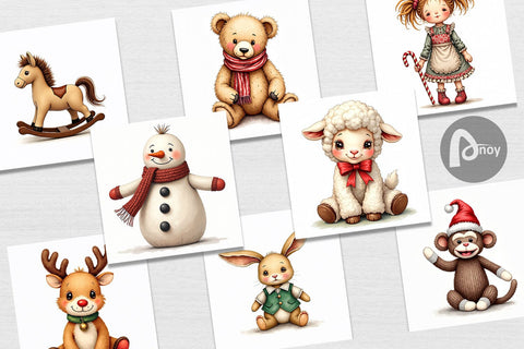 Digital Paper Nostalgic Christmas Plush Toys Watercolor Digital Pattern artnoy 