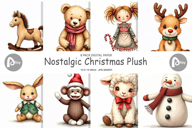 Digital Paper Nostalgic Christmas Plush Toys Watercolor Digital Pattern artnoy 