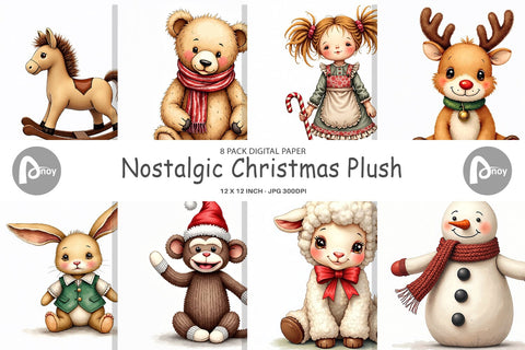 Digital Paper Nostalgic Christmas Plush Toys Watercolor Digital Pattern artnoy 