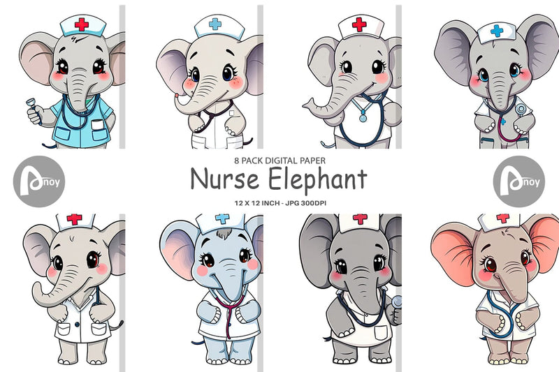 Digital Paper Nurse Elephant Digital Pattern artnoy 