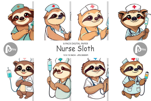 Digital Paper Nurse Sloth Digital Pattern artnoy 