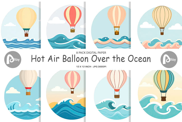Digital Paper Ocean Hot Air Balloon Digital Pattern artnoy 