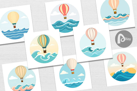 Digital Paper Ocean Hot Air Balloon Digital Pattern artnoy 