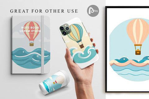 Digital Paper Ocean Hot Air Balloon Digital Pattern artnoy 