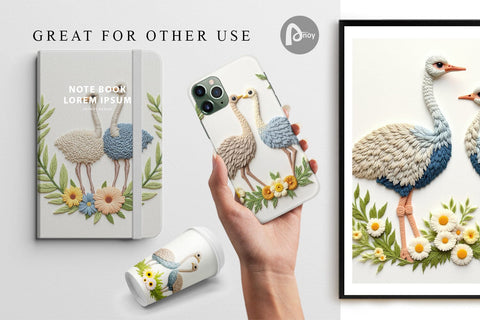 Digital Paper Ostrich Embroidery Digital Pattern artnoy 