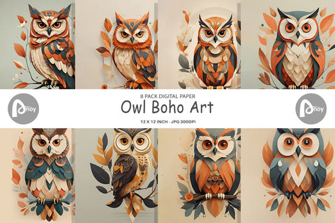 Digital Paper Owl Boho Art Sublimation artnoy 