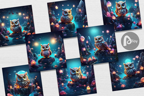 Digital Paper Owl Perched on Rock Digital Pattern artnoy 