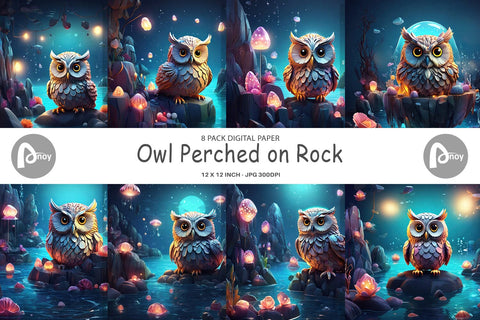 Digital Paper Owl Perched on Rock Digital Pattern artnoy 