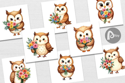 Digital Paper Owl Spring Bouquet Digital Pattern artnoy 
