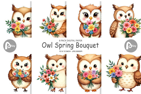 Digital Paper Owl Spring Bouquet Digital Pattern artnoy 
