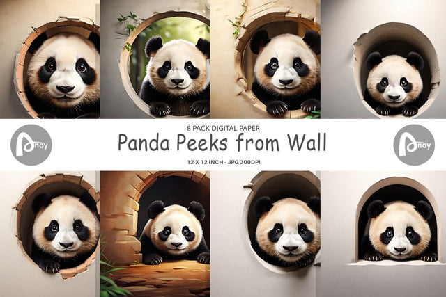 Digital Paper Panda Peeks from Wall Digital Pattern artnoy 