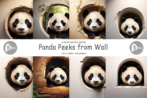 Digital Paper Panda Peeks from Wall Digital Pattern artnoy 