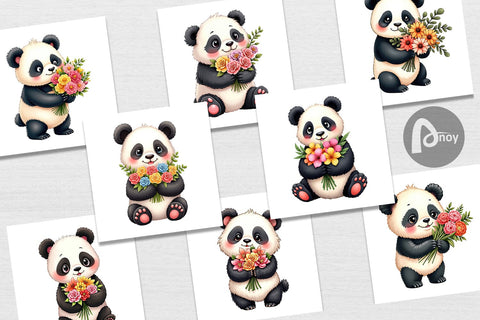 Digital Paper Panda Spring Bouquet Digital Pattern artnoy 