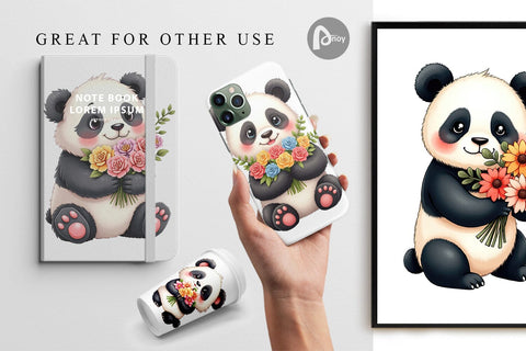 Digital Paper Panda Spring Bouquet Digital Pattern artnoy 