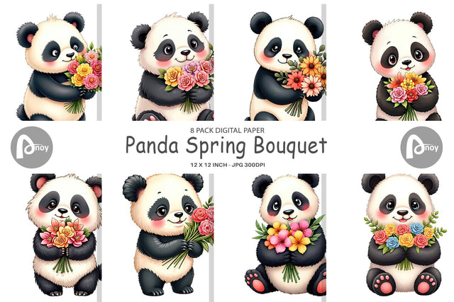 Digital Paper Panda Spring Bouquet Digital Pattern artnoy 