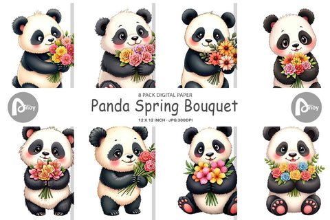Digital Paper Panda Spring Bouquet Digital Pattern artnoy 
