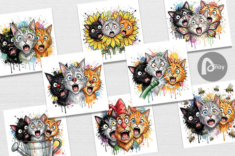Digital Paper Panic Garden Cats Messy Watercolor Digital Pattern artnoy 