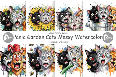 Digital Paper Panic Garden Cats Messy Watercolor Digital Pattern artnoy 