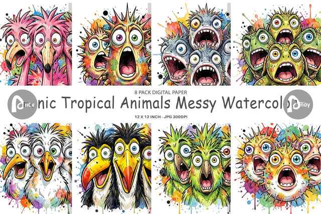Digital Paper Panic Tropical Animals Messy Watercolor Digital Pattern artnoy 