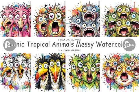 Digital Paper Panic Tropical Animals Messy Watercolor Digital Pattern artnoy 