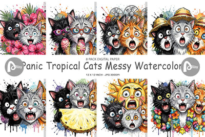 Digital Paper Panic Tropical Cats Messy Watercolor Digital Pattern artnoy 
