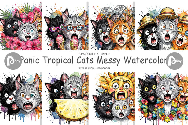 Digital Paper Panic Tropical Cats Messy Watercolor Digital Pattern artnoy 