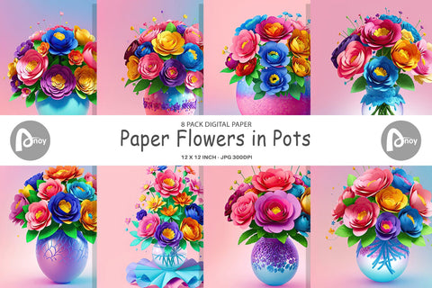 Digital Paper Paper Flowers in Pots Digital Pattern artnoy 