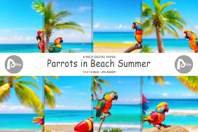 Digital Paper Parrots in Beach Summer Digital Pattern artnoy 