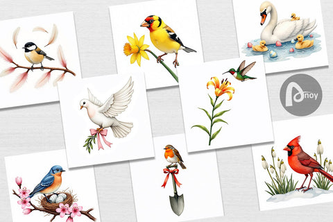Digital Paper Pastel Spring Birds & Blooms Watercolor Digital Pattern artnoy 