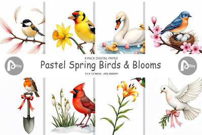 Digital Paper Pastel Spring Birds & Blooms Watercolor Digital Pattern artnoy 