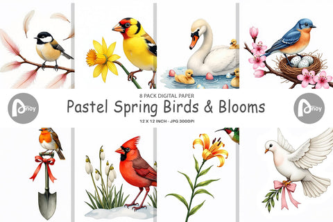 Digital Paper Pastel Spring Birds & Blooms Watercolor Digital Pattern artnoy 