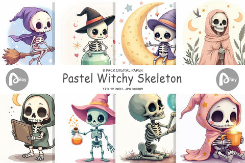 Digital Paper Pastel Witch Skeleton Digital Pattern artnoy 
