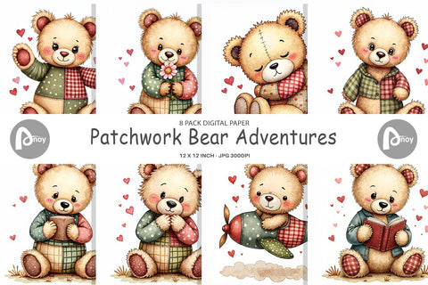 Digital Paper Patchwork Bear Adventures Digital Pattern artnoy 