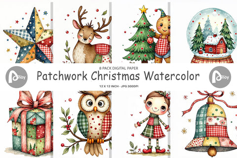 Digital Paper Patchwork Christmas Watercolor Digital Pattern artnoy 