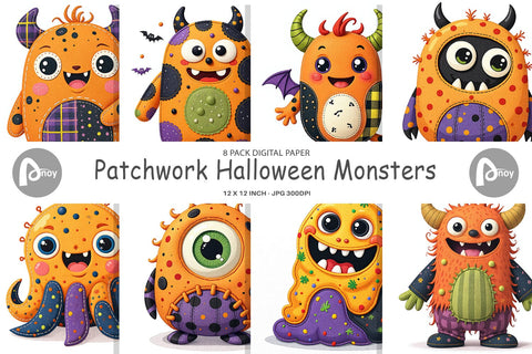 Digital Paper Patchwork Halloween Monsters Digital Pattern artnoy 