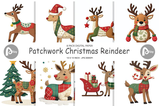 Digital Paper Patchwork Reindeer Digital Pattern artnoy 