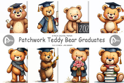 Digital Paper Patchwork Teddy Bear Graduates Sketchy Retro Digital Pattern artnoy 