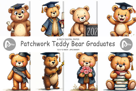 Digital Paper Patchwork Teddy Bear Graduates Sketchy Retro Digital Pattern artnoy 