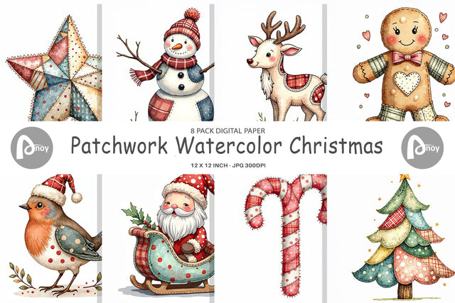 Digital Paper Patchwork Watercolor Christmas Digital Pattern artnoy 