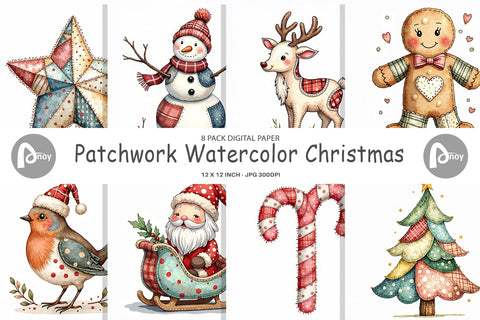 Digital Paper Patchwork Watercolor Christmas Digital Pattern artnoy 