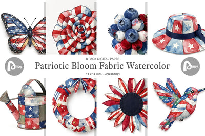 Digital Paper Patriotic Bloom Fabric Watercolor Sublimation artnoy 