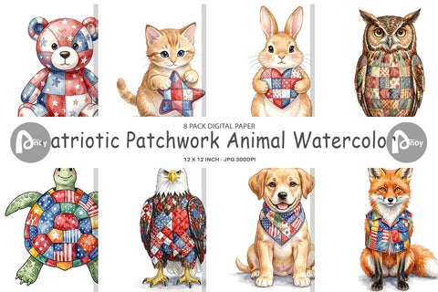 Digital Paper Patriotic Patchwork Animal Watercolor Digital Pattern artnoy 