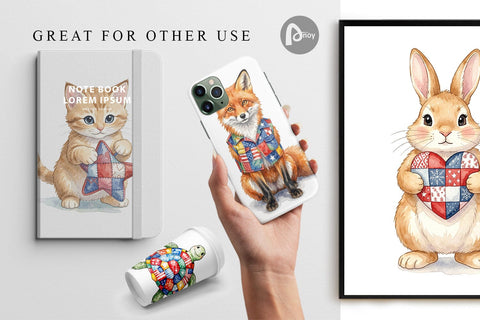Digital Paper Patriotic Patchwork Animal Watercolor Digital Pattern artnoy 