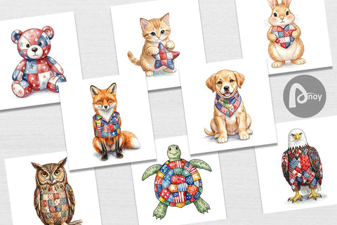 Digital Paper Patriotic Patchwork Animal Watercolor Digital Pattern artnoy 