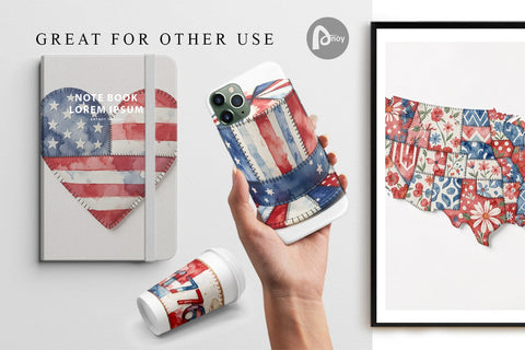 Digital Paper Patriotic Symbol Patchwork Watercolor Sublimation artnoy 